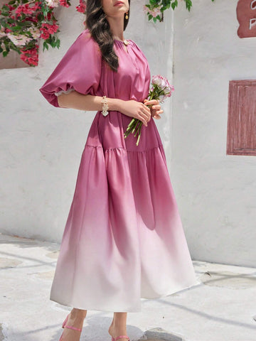 Women's Summer Keyhole Front Loose Fit Puff Sleeve Gradient Dress