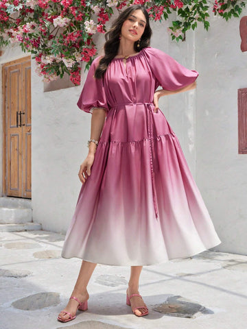Women's Summer Keyhole Front Loose Fit Puff Sleeve Gradient Dress
