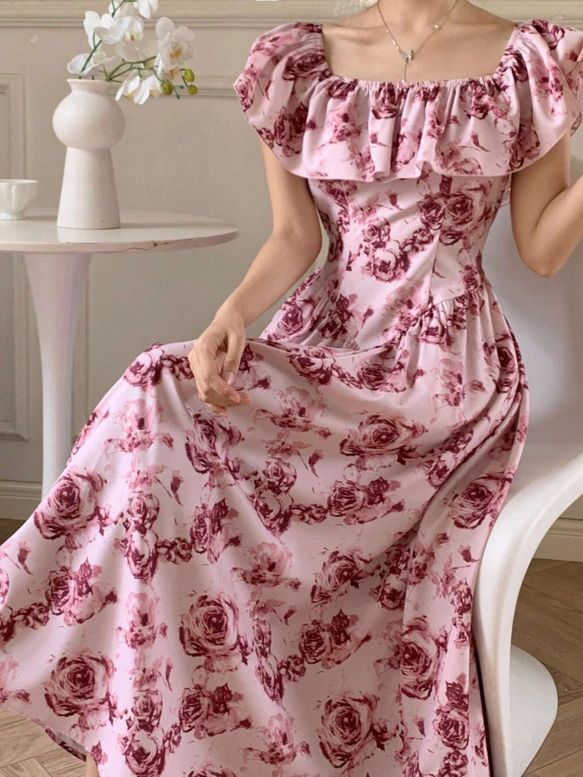 Women's Summer Ruffle Off Shoulder Rose Graphic Corset Elegant Dress