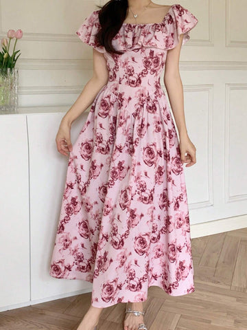 Women's Summer Ruffle Off Shoulder Rose Graphic Corset Elegant Dress