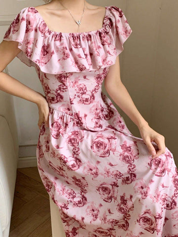 Women's Summer Ruffle Off Shoulder Rose Graphic Corset Elegant Dress