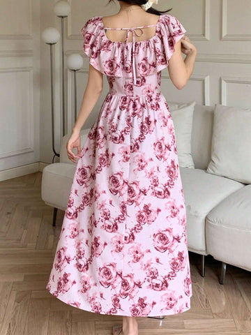 Women's Summer Ruffle Off Shoulder Rose Graphic Corset Elegant Dress