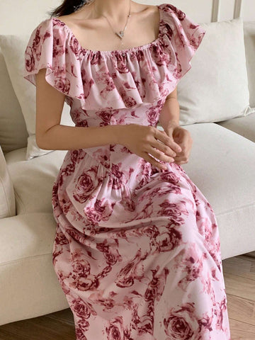 Women's Summer Ruffle Off Shoulder Rose Graphic Corset Elegant Dress