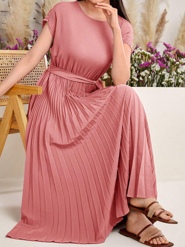 Women's Summer Solid Color Batwing Short Sleeve Elegant Pleated Hem Long Dress With Rou