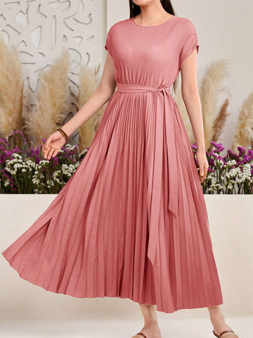 Women's Summer Solid Color Batwing Short Sleeve Elegant Pleated Hem Long Dress With Rou