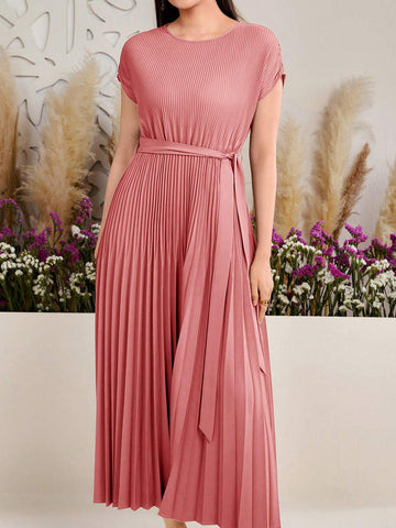 Women's Summer Solid Color Batwing Short Sleeve Elegant Pleated Hem Long Dress With Rou