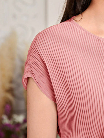 Women's Summer Solid Color Batwing Short Sleeve Elegant Pleated Hem Long Dress With Rou