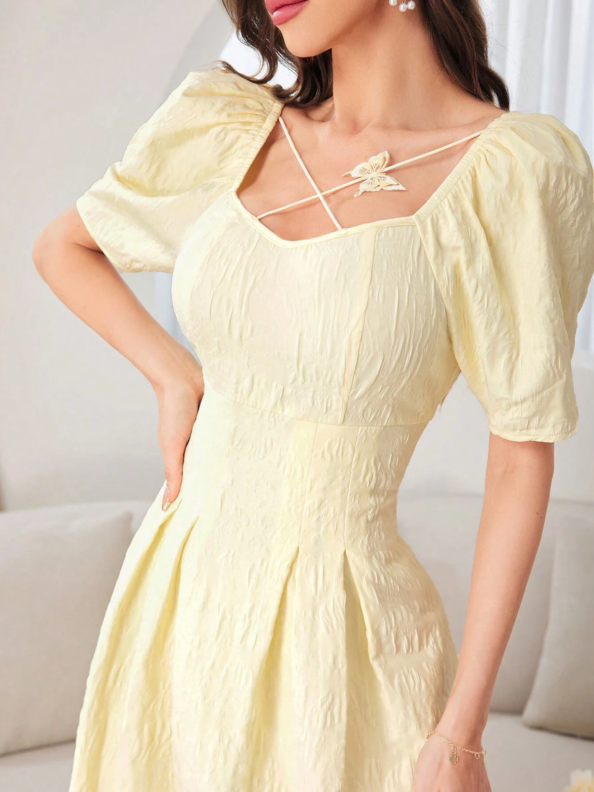 Women's Summer Solid Color Puff Sleeve Pleated Dress