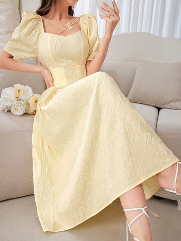 Women's Summer Solid Color Puff Sleeve Pleated Dress