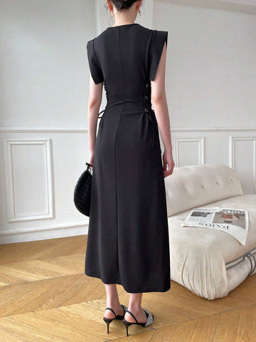 Women's Summer Solid Color Round Neck Bell Sleeve Empire Waist Tie Design Maxi Elegant Dress