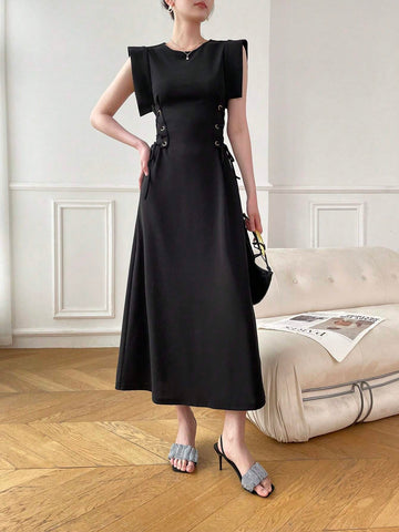 Women's Summer Solid Color Round Neck Bell Sleeve Empire Waist Tie Design Maxi Elegant Dress