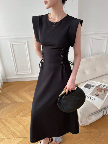 Women's Summer Solid Color Round Neck Bell Sleeve Empire Waist Tie Design Maxi Elegant Dress