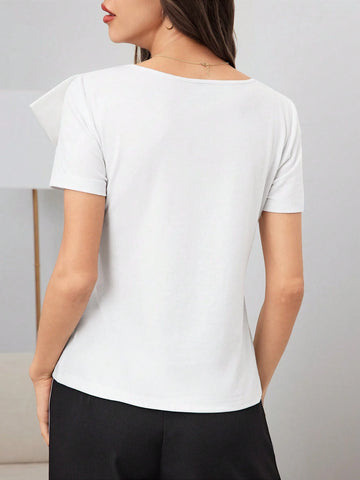 Mulvari Women's Summer Solid Color Twist Knot Short Sleeve T-Shirt