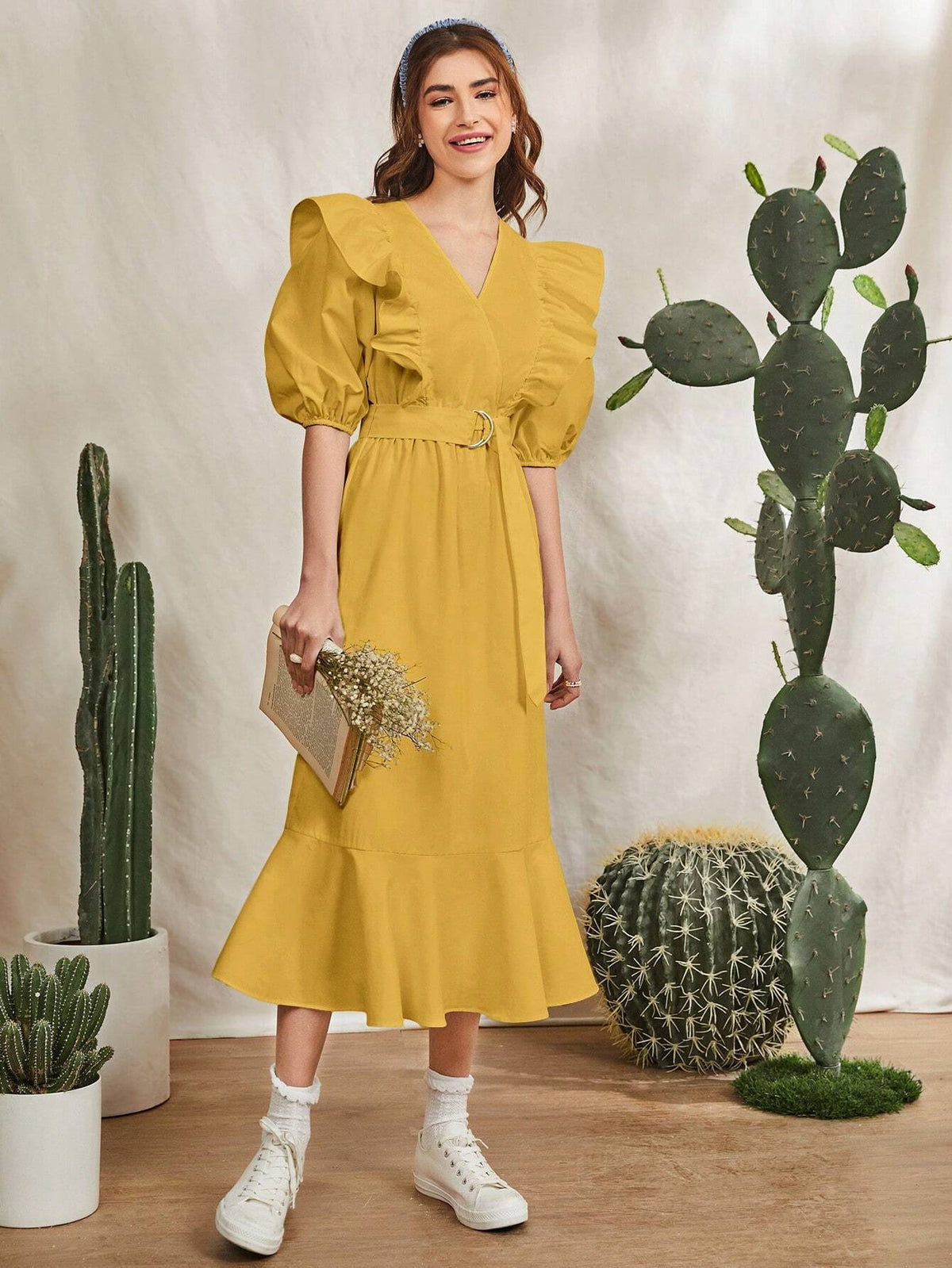 Women's Surplice Neckline Bubble Sleeve Ruffle Trim Belted Dress