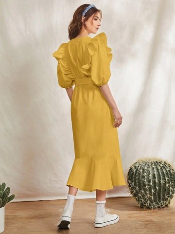 Women's Surplice Neckline Bubble Sleeve Ruffle Trim Belted Dress