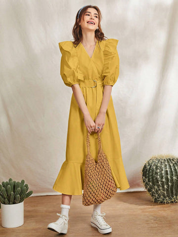Women's Surplice Neckline Bubble Sleeve Ruffle Trim Belted Dress