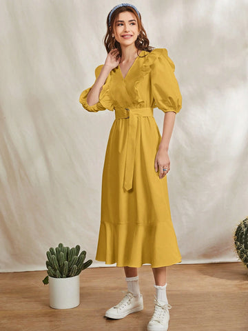 Women's Surplice Neckline Bubble Sleeve Ruffle Trim Belted Dress