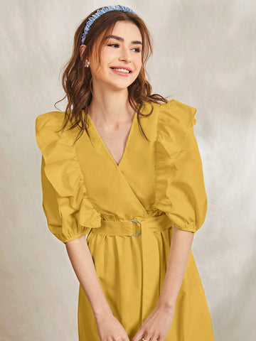 Women's Surplice Neckline Bubble Sleeve Ruffle Trim Belted Dress