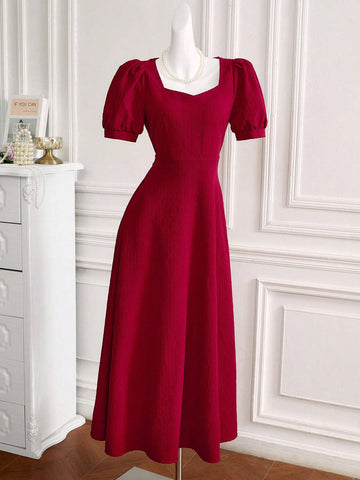 Women's Sweetheart Neckline Puff Sleeve Elegant Solid Color Tie-Back High Waist Summer Dress