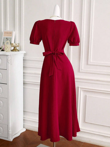 Women's Sweetheart Neckline Puff Sleeve Elegant Solid Color Tie-Back High Waist Summer Dress