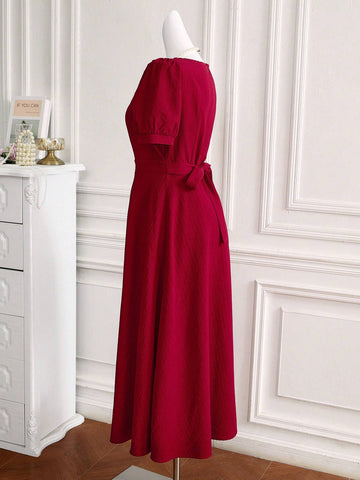 Women's Sweetheart Neckline Puff Sleeve Elegant Solid Color Tie-Back High Waist Summer Dress