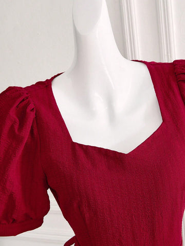 Women's Sweetheart Neckline Puff Sleeve Elegant Solid Color Tie-Back High Waist Summer Dress