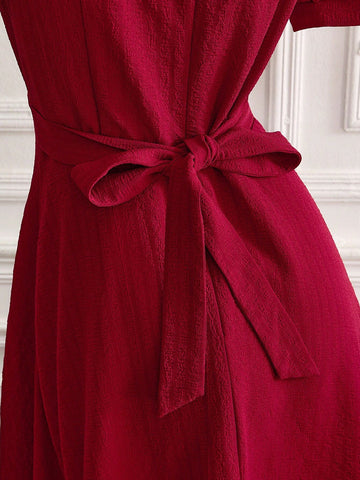 Women's Sweetheart Neckline Puff Sleeve Elegant Solid Color Tie-Back High Waist Summer Dress
