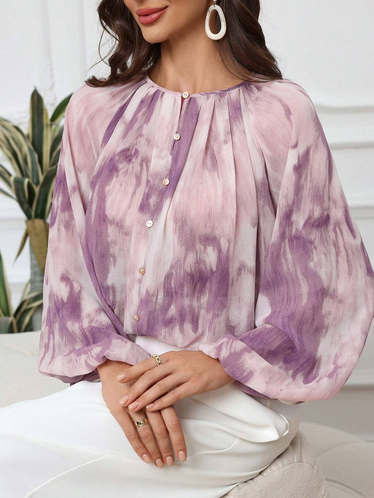 Mulvari Women's Tie-Dye Print Loose Elegant Blouse With Lantern Sleeves, Spring & Summer