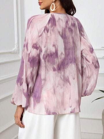 Mulvari Women's Tie-Dye Print Loose Elegant Blouse With Lantern Sleeves, Spring & Summer