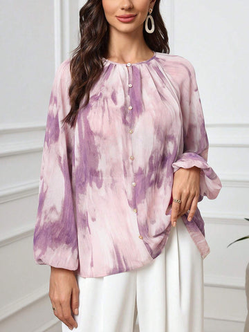 Mulvari Women's Tie-Dye Print Loose Elegant Blouse With Lantern Sleeves, Spring & Summer