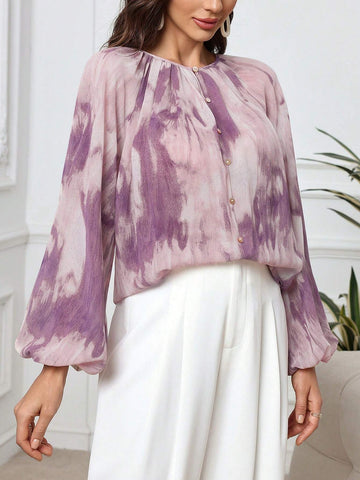 Mulvari Women's Tie-Dye Print Loose Elegant Blouse With Lantern Sleeves, Spring & Summer