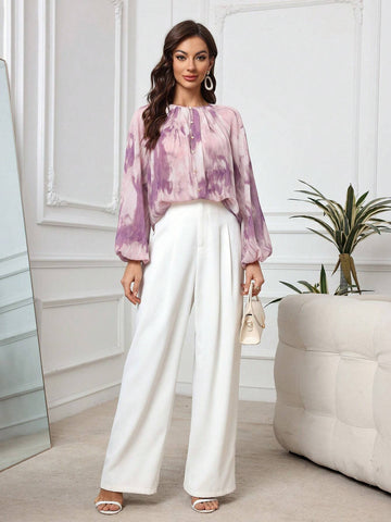 Mulvari Women's Tie-Dye Print Loose Elegant Blouse With Lantern Sleeves, Spring & Summer