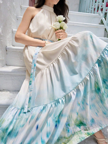 Women's Tie-Dye Ruffle Neck Halter Summer Dress With Keyhole Back