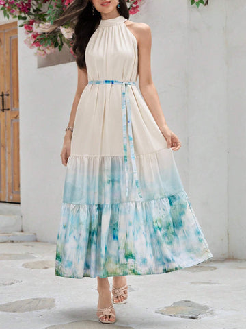 Women's Tie-Dye Ruffle Neck Halter Summer Dress With Keyhole Back