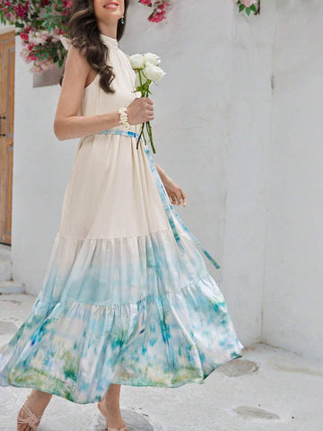 Women's Tie-Dye Ruffle Neck Halter Summer Dress With Keyhole Back