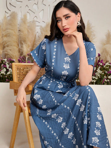 Women's V-Neck Batwing Short Sleeve Floral Print Dress