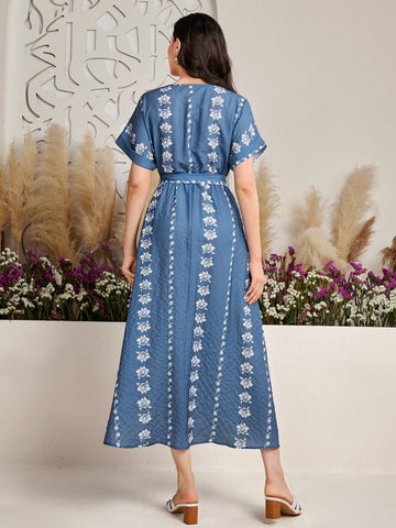 Women's V-Neck Batwing Short Sleeve Floral Print Dress