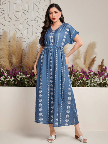 Women's V-Neck Batwing Short Sleeve Floral Print Dress