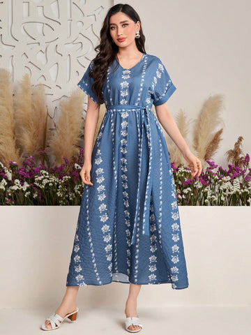 Women's V-Neck Batwing Short Sleeve Floral Print Dress