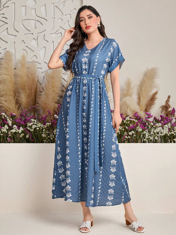 Women's V-Neck Batwing Short Sleeve Floral Print Dress