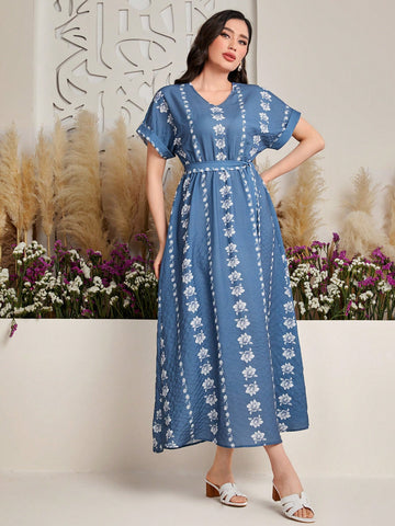 Women's V-Neck Batwing Short Sleeve Floral Print Dress