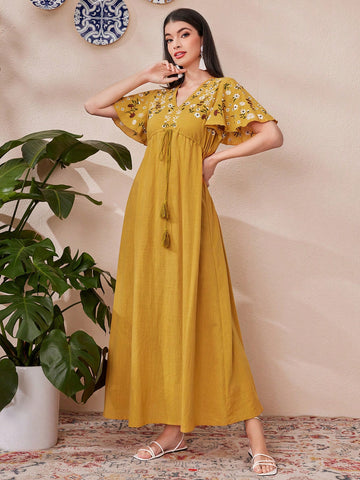 Women's V-Neck Flare Sleeve Floral Embroidery Dress
