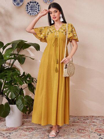 Women's V-Neck Flare Sleeve Floral Embroidery Dress