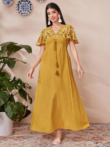 Women's V-Neck Flare Sleeve Floral Embroidery Dress