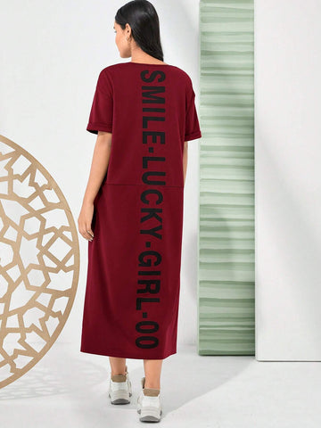 Women's V-Neck Letter Printed Midi Dress