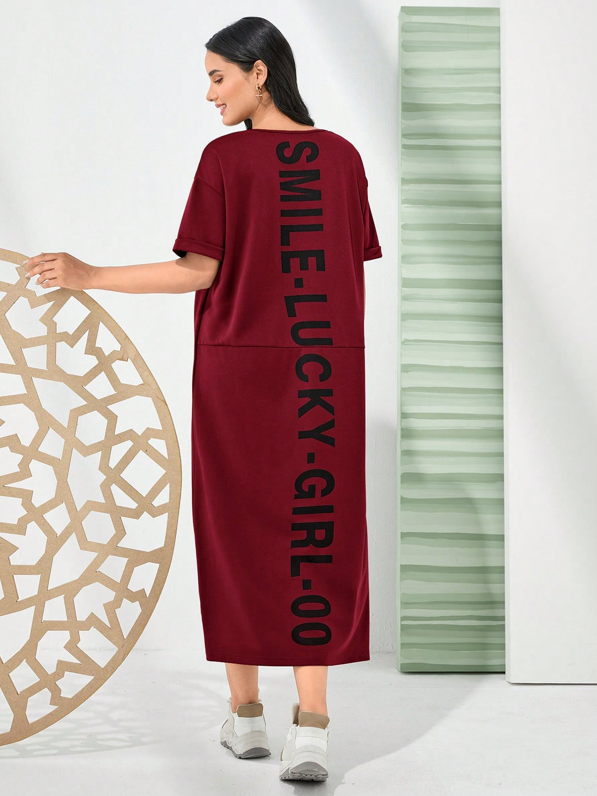 Women's V-Neck Letter Printed Midi Dress