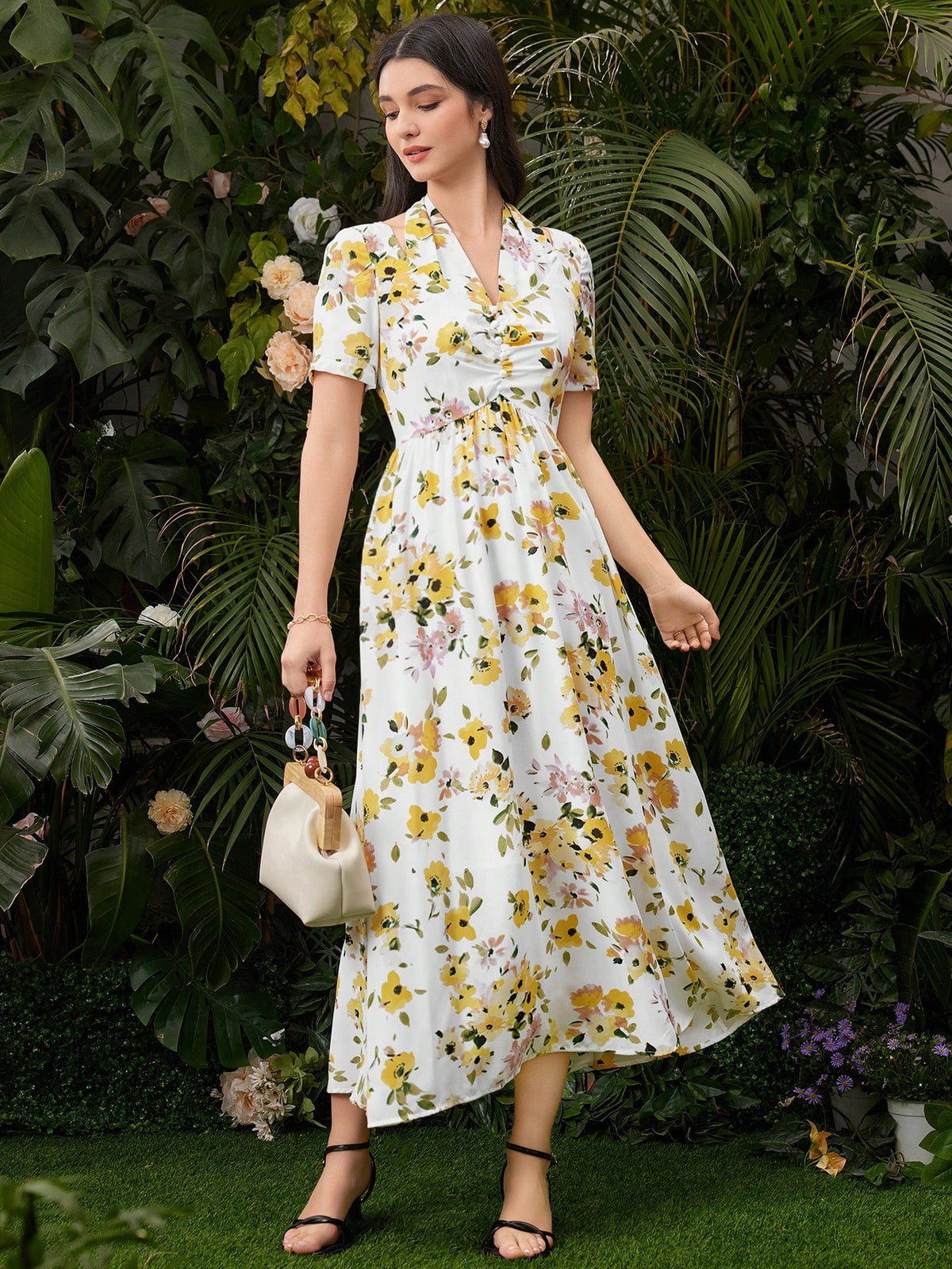 Women's V-Neck Short Sleeve Floral Print Dress