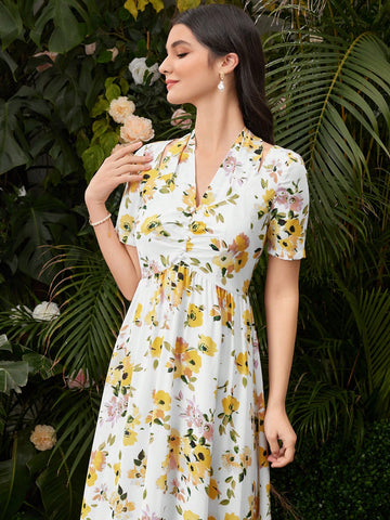 Women's V-Neck Short Sleeve Floral Print Dress