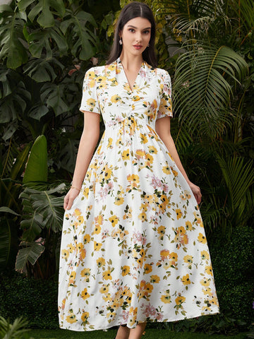 Women's V-Neck Short Sleeve Floral Print Dress
