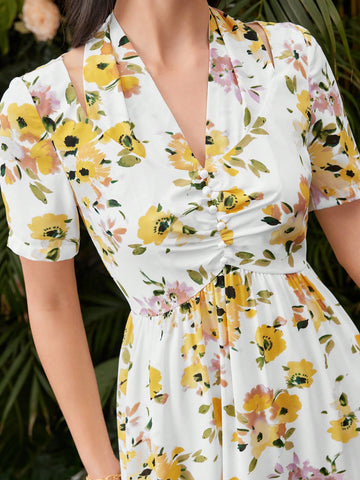 Women's V-Neck Short Sleeve Floral Print Dress